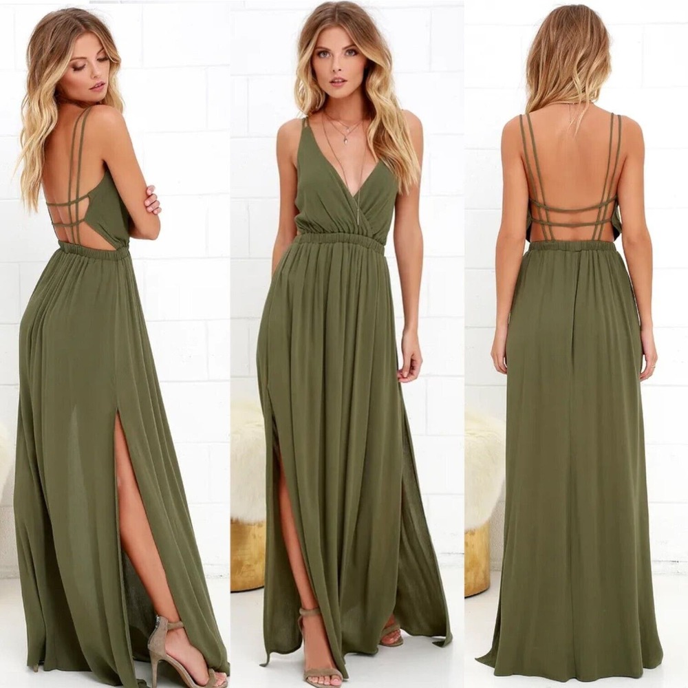 LULU'S Lost in Paradise Maxi Dress Surplice V-Neck Strappy Olive Green Wedding S